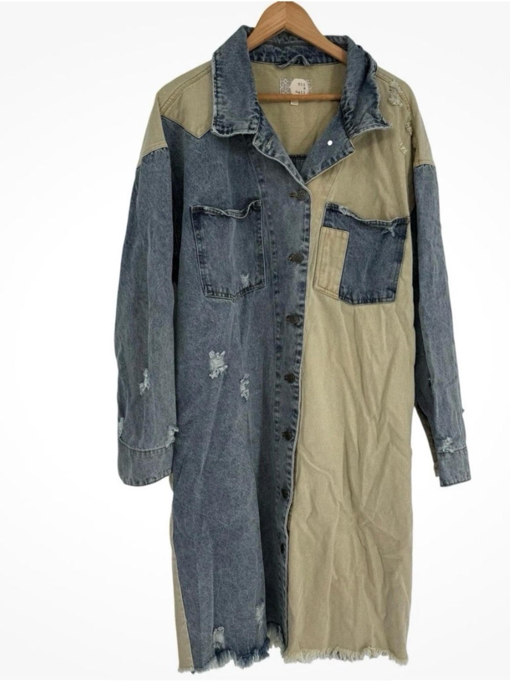 Oli & Holi Boho Mixed Denim Jacket Long Oversize Boutique Button Size M Frayed